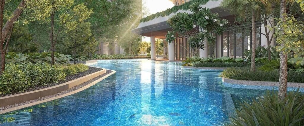 Swimming pool and lounge area inside DLF Privana North Gurgaon